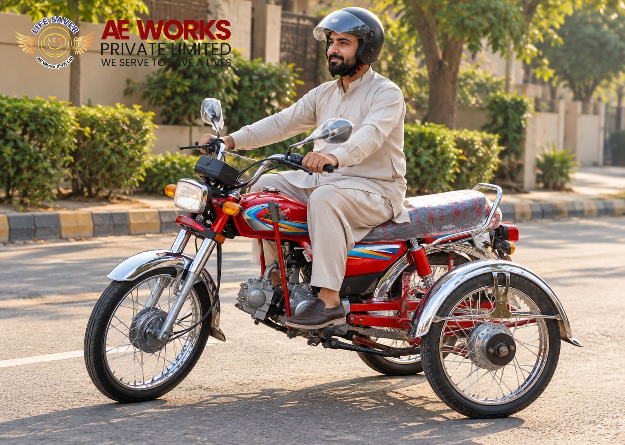 Red three wheel disabled bike in Pakistan with customised rear wheels for accessible mobility.